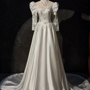A-Line Satin Lace Long Sleeve Prom Dress, Elegant White High Neck Evening Prom Dress